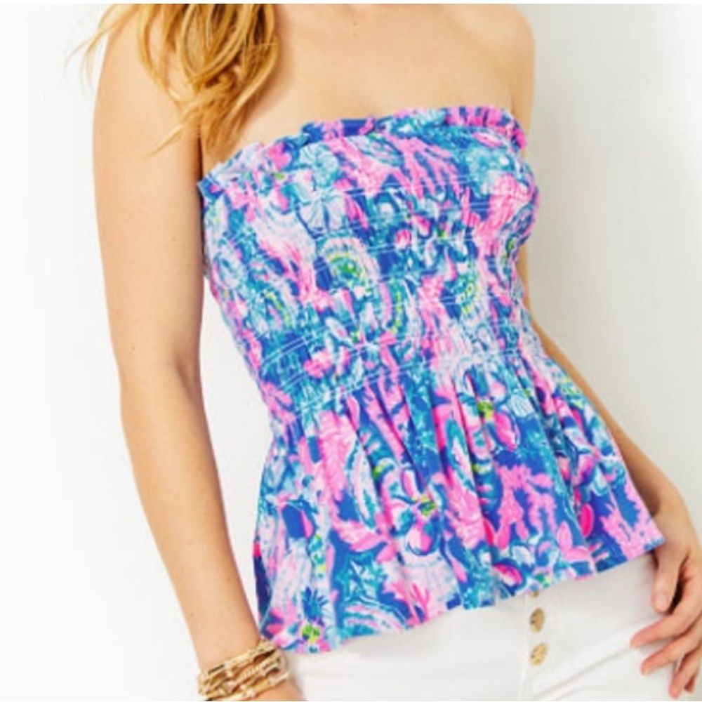 Floral Strapless Top - Blue and Pink